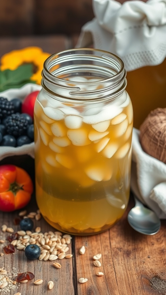 A jar of bubbling yeast water with fruits and grains on a wooden table.
